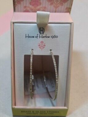 New House of Harlow 1960 Goldtone With Sparkling Glass Hoop Earrings & Pink Box